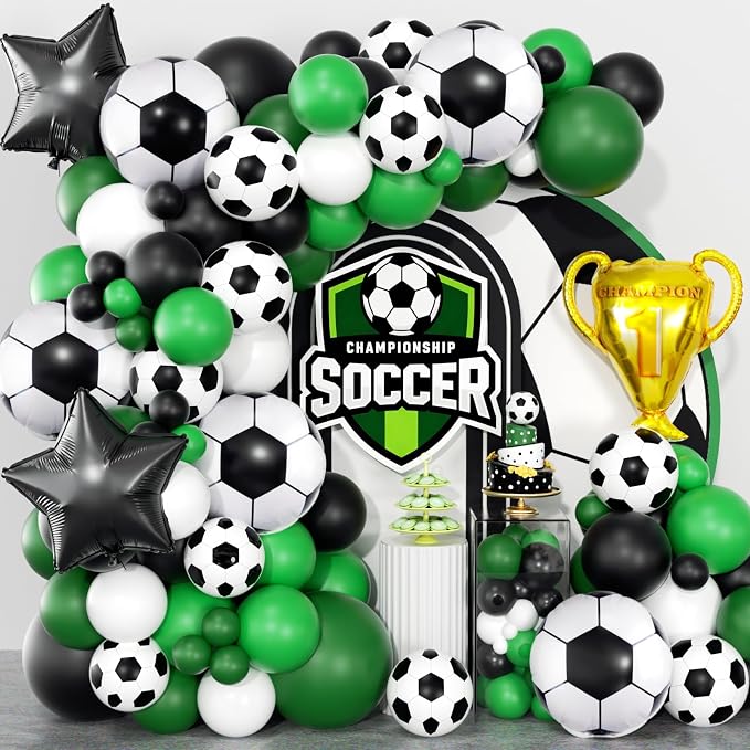 Soccer Party Decorations 153Pcs, World Soccer Balloon Garland Arch Kit with 18'' Football Foil Balloons, Green White Football Print Balloons for Boys Sports Fan Birthday Soccer Party Decor
