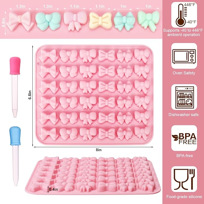 Palksky Bow Chocolate Mold Silicone, 4PCS 36 Cavities Bow Fondant Molds, Gummy Candy Molds for Gummies Cookies Fruit Snacks Cupcake Decor with 2 Droppers, Non-Stick For DIY Homemade Treats