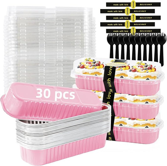 Mini Loaf Pans with Lids and Spoons Sealing Sticker,6.8oz Cake Pans for Baking Disposable Aluminum Foil Pink/Red cake pan (30, Pink)