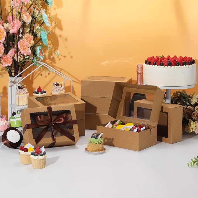 COTOPHER 30Pcs Cookie Boxes with Ribbons, 9x6x3 Inch Bakery Boxes with Window, Brown Treat Containers for Pastries, Chocolate Covered Strawberries, Dessert, Easter Candy, Muffins, Donuts