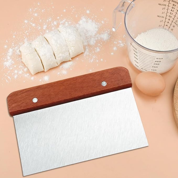 2 Pcs Bench Scraper Knife & Dough Scraper, Stainless Steel Food Cutter with Ergonomic Wood Handle, for Kitchen Baking, Cooking, Bread, Pizza & Cake