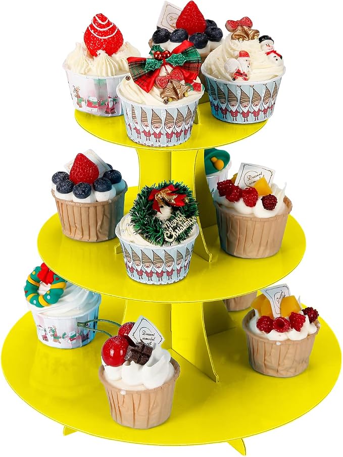 YLDW Cupcake Stand, 3-Tier Cupcake Stand Display, Cardboard Cup Cake Tower Stand, Disposable Dessert Stand for Birthday Tea Party Baby Shower Treat Decorations, Yellow