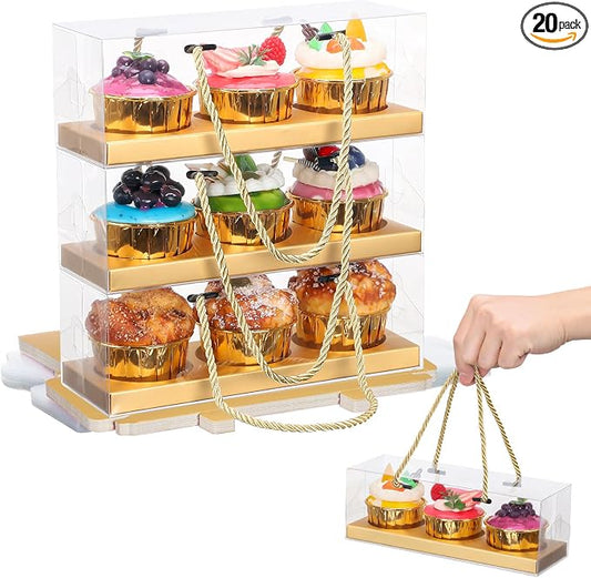 EUSOAR Cupcake Boxes, 20 Pcs 9"x3"x3" Gold Plastic Cupcake Containers 3 Compartments with Rope Handle, Rectangular Portable Muffins Wrappers Pastry Cookies Holders for Birthday Wedding Party Bakery