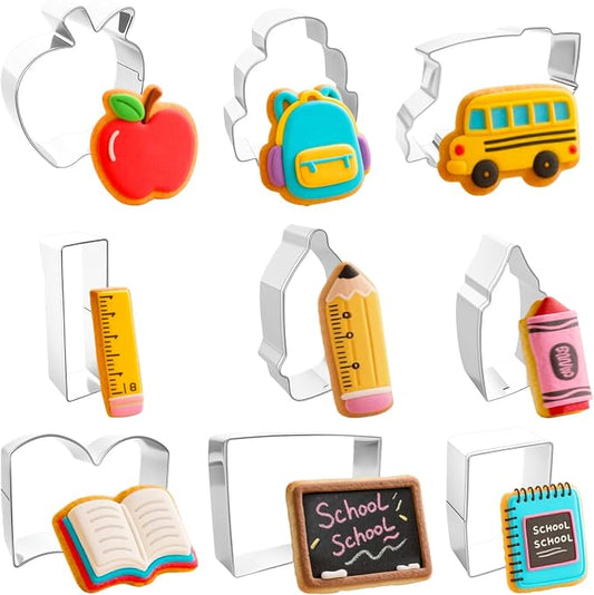 9 Pieces Back to School Cookie Cutters Set, Stainless Steel School-Themed Biscuit Mold Includes Apple Pencil Ruler Notebook School Bus Blackboard Book Backpack Crayon Baking Decorations