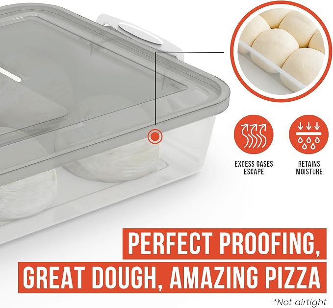Chef Pomodoro Pizza Dough Proofing Box, 14 x 11-Inch, Preparation Container with Lid, Fits 4-6 Proofing Balls, Household Pizza and Bread Dough Tray With Convenient Carry Handle (Grey, 2-Pack)