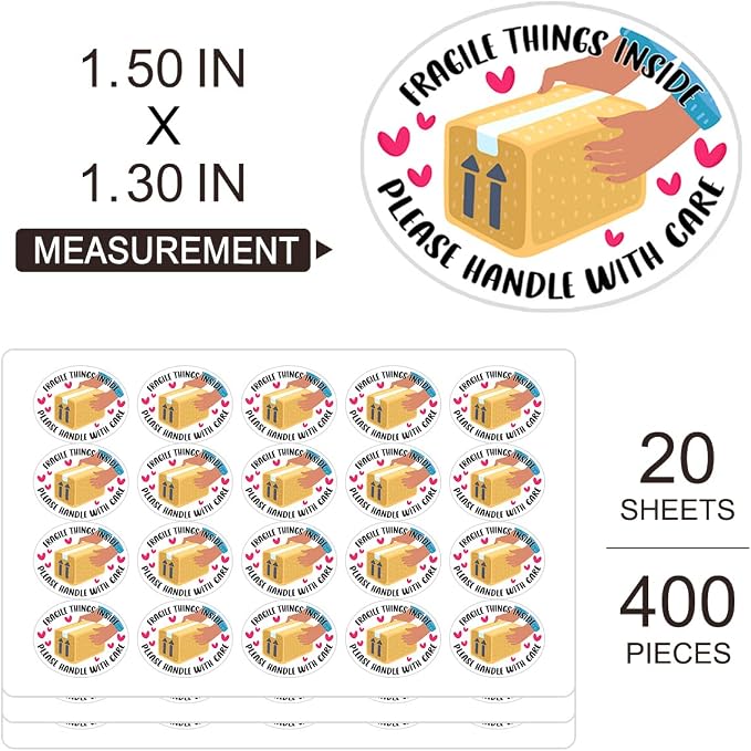 Fragile Things Inside Please Handle with Care Stickers,Gift Box Shipping Fragile Stickers,Boutique Packaging Warning Sticky Tabs for Shipping and Packing 400 PCS