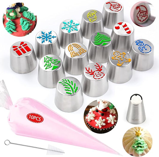 13 Pcs Extra Large Christmas Theme Icing Tips Set with10 Disposable Pastry Bags,1 Small Russian Flower Tip,1 Cleaning Brush for Cake Decoration,Cream Baking Tools
