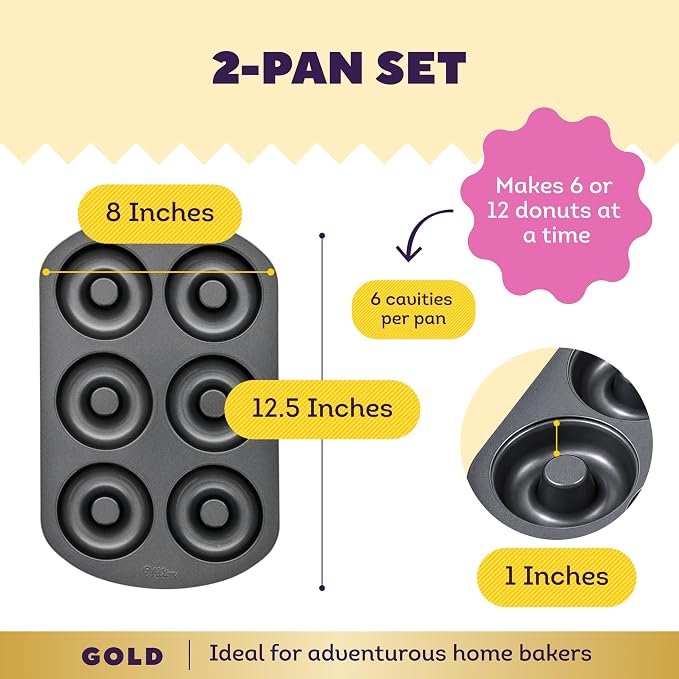 Wilton Gold Non-Stick Donut Pan Set - Quality Baking Pan - Dishwasher Safe & Scratch Resistant - Made Without PFAS - 12.5 x 8 x 1 Inch, 2-Piece Set
