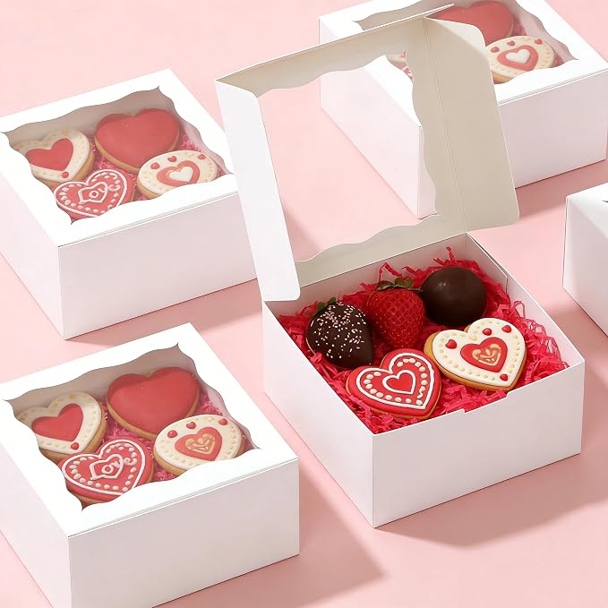 XINHPKGG 20 Pack Cookie Boxes 6x6x3 Inch Bakery Boxes with Window Treat Box Dessert Box for Macaron Mini Cake Chocolate Covered Strawberries Pastry - White