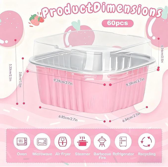 60Pack 5oz Pink Mini Cake Pans with Lids Baking Cups Aluminum Foil Pans Tins, Individual Dessert Cups Containers for Sales,Party,Picnics