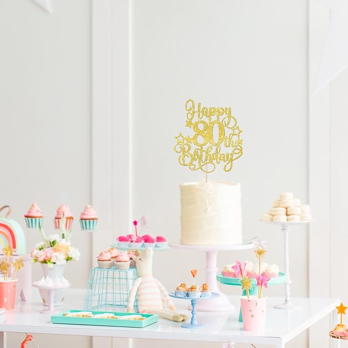 1 PCS Happy 80th Birthday Cake Topper Glitter Cheers to 80 Years Birthday Cake Pick Hello 80 Fabulous Cake Decoration for Happy 80th Birthday Anniversary Party Decorations Supplies Gold