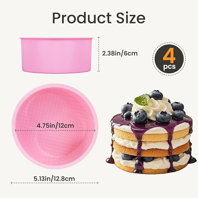 4.75 Inch Round Cake Pan, 4 Pcs Silicone Cake Pans for Baking, Nonstick Baking Mold BPA Free Dishwasher Safe, Great for Layer Cake, Cheese Cake, Chocolate Cake