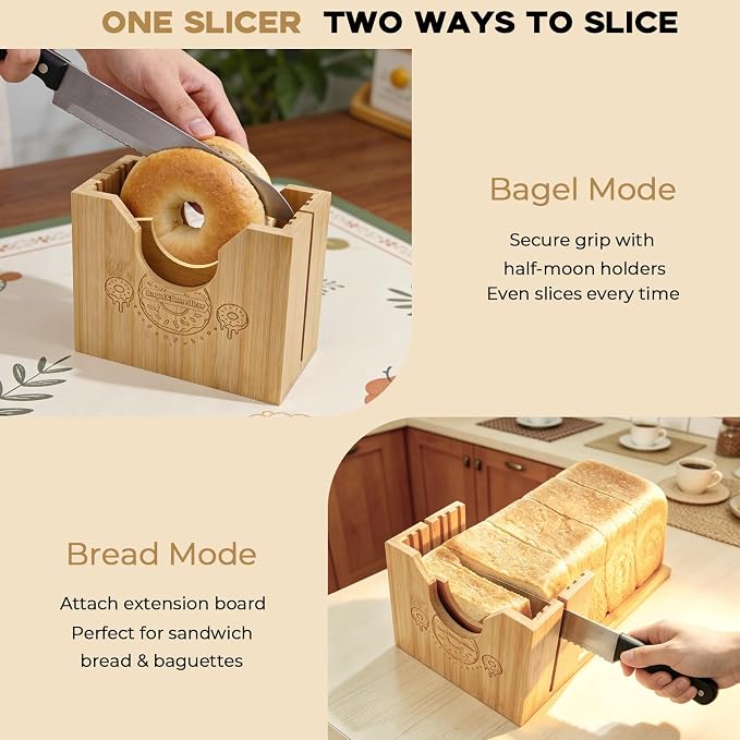 2-in-1 Bamboo Bagel & Bread Slicer Adjustable Thickness | Bamboo Cutting Guide, Manual Bread Slicer with Removable Extension Board for Homemade Bread, Bagels & Long Loaves