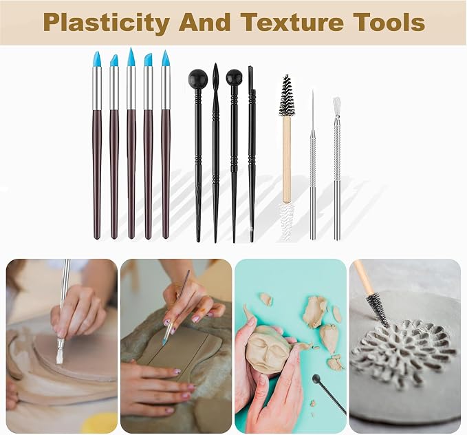 CeeVian 43PCS Clay Sculpting Tools Kit, Pottery Tools Set with Stainless Steel & Wooden Clay Carving Tools, Ball Stylus, Rubber Tip Shapers, Sponge & Storage Bag for Ceramic, Polymer Clay, Sculpting