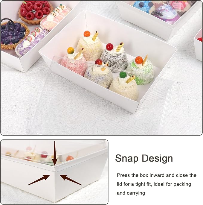 8 x 6 Inch Paper Charcuterie Boxes with Clear Lids, 50 Pack Large Disposable Food Containers, Take Out Bakery Boxes for Cake Slice, Cupcakes, Sandwiches, Cookies, Cocoa Bombs, Salads (White)