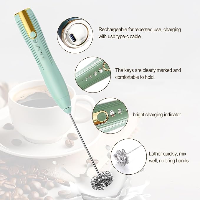 Powerful Handheld Milk Frother, USB Rechargeable Electric Foam Maker for Coffee, Mini Milk Foamer, Stainless Steel Drink Mixer for Lattes, Cappuccino, Frappe, Matcha, Hot Chocolate