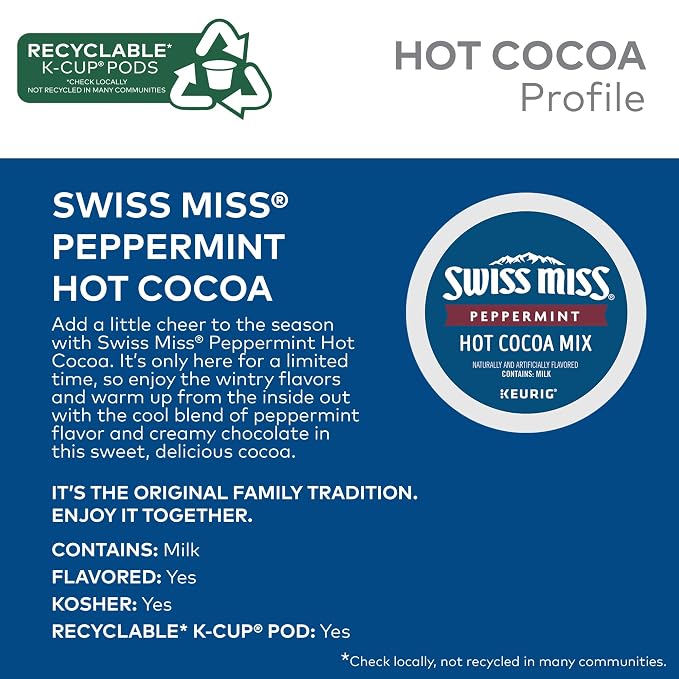 Swiss Miss Peppermint Hot Cocoa, Single-Serve Keurig K-Cup Pods, Hot Chocolate, 88 Count (4 Packs of 22)