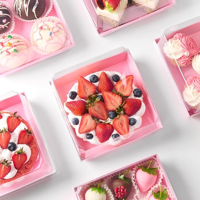 Kucoele Cake Boxes with Clear Lids, 7 x 7 x 4 Inches, 20 Pack, Pink | Disposable, Square Charcuterie Boxes, To Go Food Containers, For 4-6 Inch Cake, Jumbo Cupcakes, Bakeries