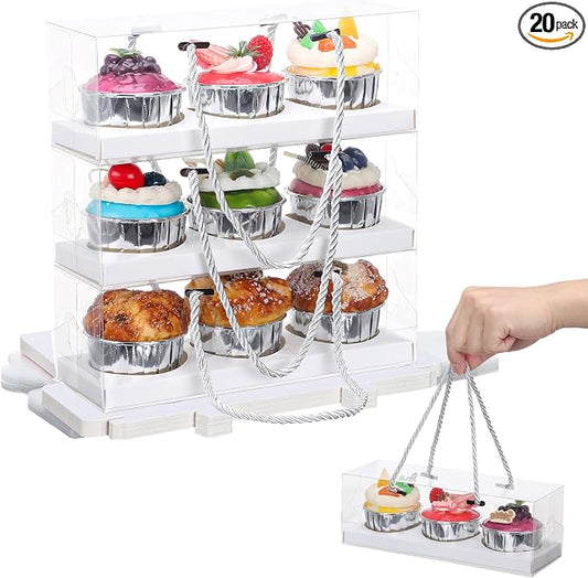EUSOAR Clear Cupcake Boxes, 20 Pcs 9"x3"x3" White Muffins Storage 3 Compartments Pastry Holder with Gift Rope Handle, Rectangular Portable Dessert Cookies Wrappers for Birthday Wedding Party Bakery