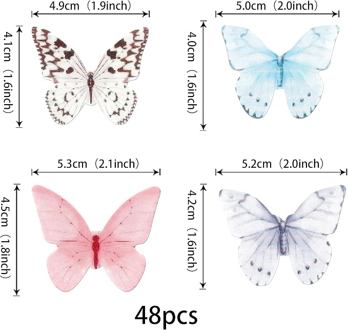 48 PCS Colorful Wafer Paper Butterflies Cake Decorations - Edible Butterfly Cupcake Picks for Baby Shower, Wedding, Birthday Party