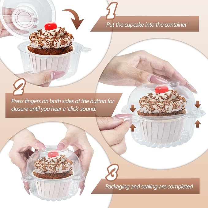 100 Pack Plastic Cupcake Containers with Dome Lids, Disposable Individual Clear Cupcake Boxes Holders Carrier, Single to Go Dessert Cake Packaging for Muffin Donuts Fruit Salad Wedding Party