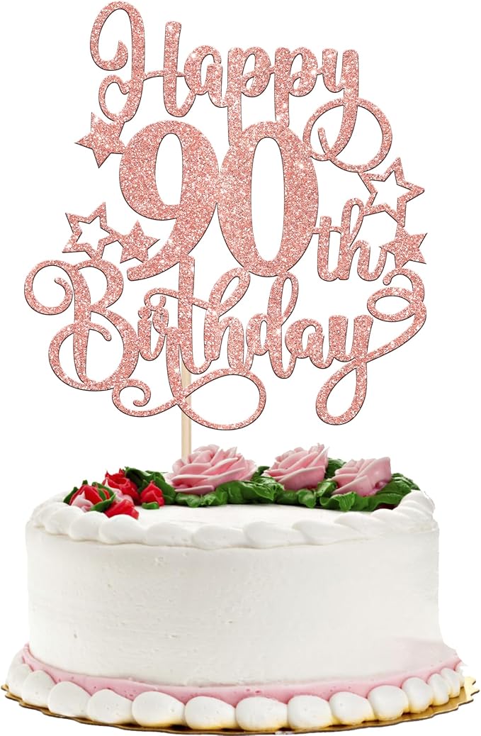 1 PCS Happy 90th Birthday Cake Topper Glitter Cheers to 90 Years Birthday Cake Pick Hello 90 Fabulous Cake Decoration for Happy 90th Birthday Anniversary Party Decorations Supplies Rose Gold
