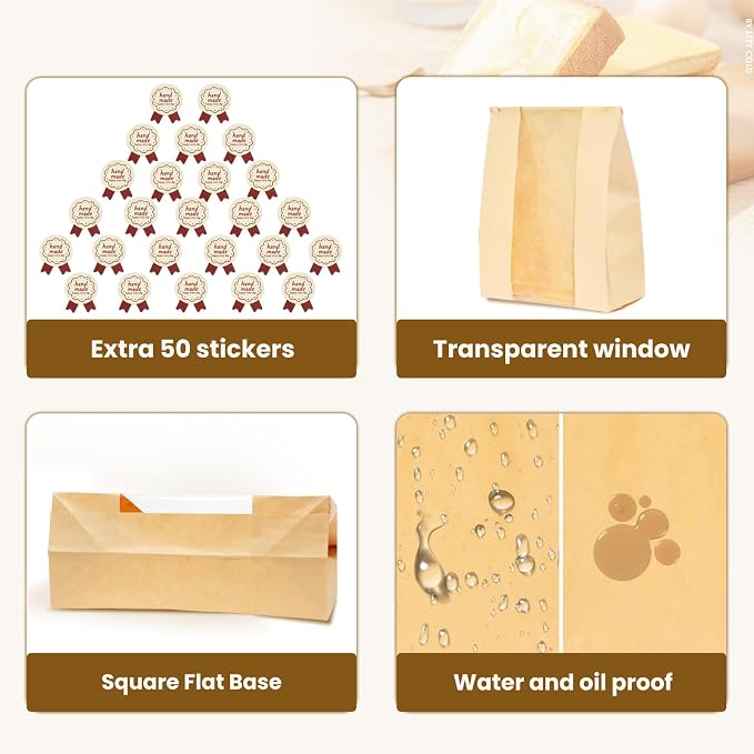 50PCS Sourdough Bread Bags for Homemade Bread Tin Tie Tab Lock Paper Large Bakery Bags with Window for Baked Food Packaging Storage Gift Giving Includes 50PCS Label Seal Stickers 13.7x8.3x3.5in