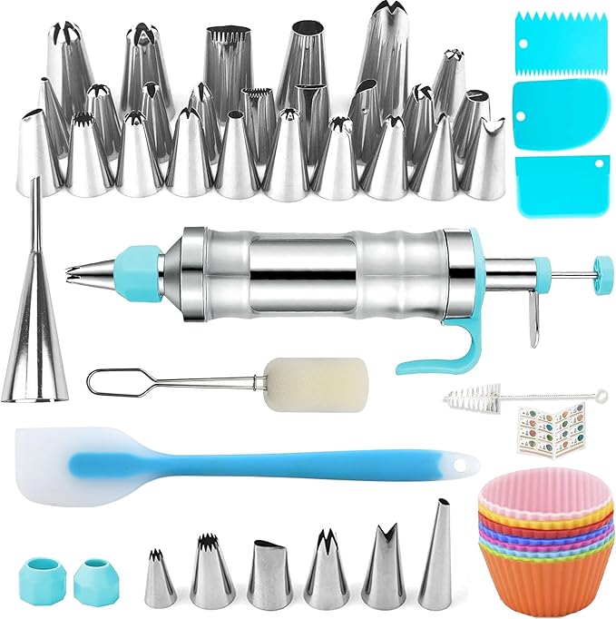 Dessert Decorating Syringe Set, Frosting Piping Kit, Blue | Icing Piping Kit, Stainless Steel, 30 Piping Icing Nozzles, Cake Decorating Tools