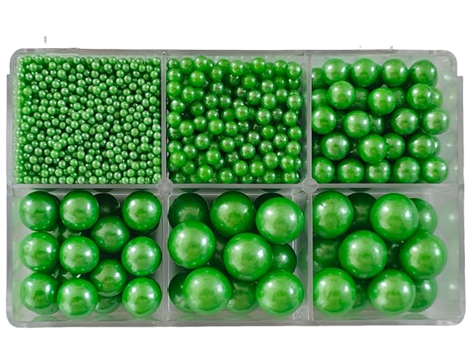 5 Sizes Edible Green Pearls Sugar Sprinkles 130g/4.6oz, 2,4,7,10,12mm Candy Pearl for Cake Decorating and Cupcake Toppers Cookie Decorations Ice Cream Topping Wedding Valentines Halloween Christmas