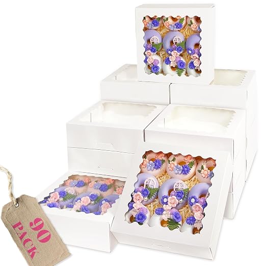 Bakepacker 90pcs White Pie Boxes 8x8x2.5 inches Easy Assemble Macaroon Cookie Boxes Bakery Boxes with Window for Bakery (Auto-pop Up)