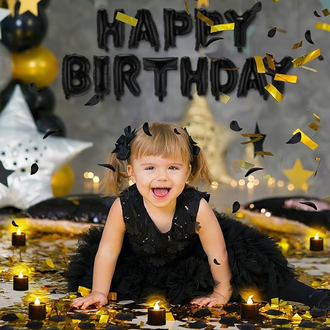 Black Happy Birthday Balloons Decorations Happy Birthday Letter Balloons Banner Set with 24pcs Round Flameless LED Candles and 2000pcs Artificial Rose Petals for Women Men Room Party Decor