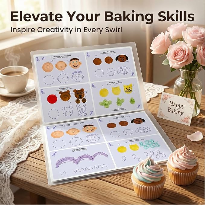 Cake Practice Decorating Board Set with Protector Reusable Wipeable, MDTARVF 23 Sheets Icing Piping Nozzles Practice Drawings Cake Decorating Kit Supplies
