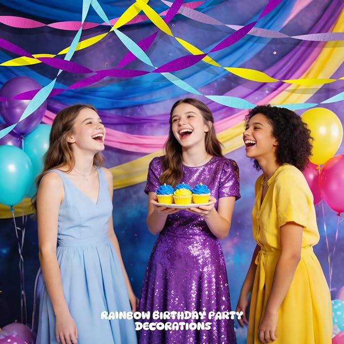 AOYOO Crepe Paper Streamers, 5 Rolls Multicolor Party Streamers in Rose Red, Purple, Yellow and Light Blue, Premium Rainbow Decorations for Unicorn Birthday, Easter, Carnival and Kids Party Supplies