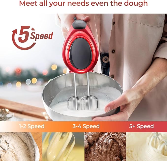 Hand Mixer Electric Handheld with Flat Bottom, Portable Mixer for Kitchen Baking Cake, Powerful Mixing for Thicker Doughs with dough hooks