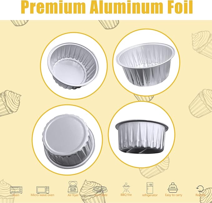 100Pcs Aluminum Cups with Lids,5oz Disposable Ramekin Baking Cups Muffin Liners Mini Pie Pans Foil Cupcake Containers for Christmas Party Wedding,Silver