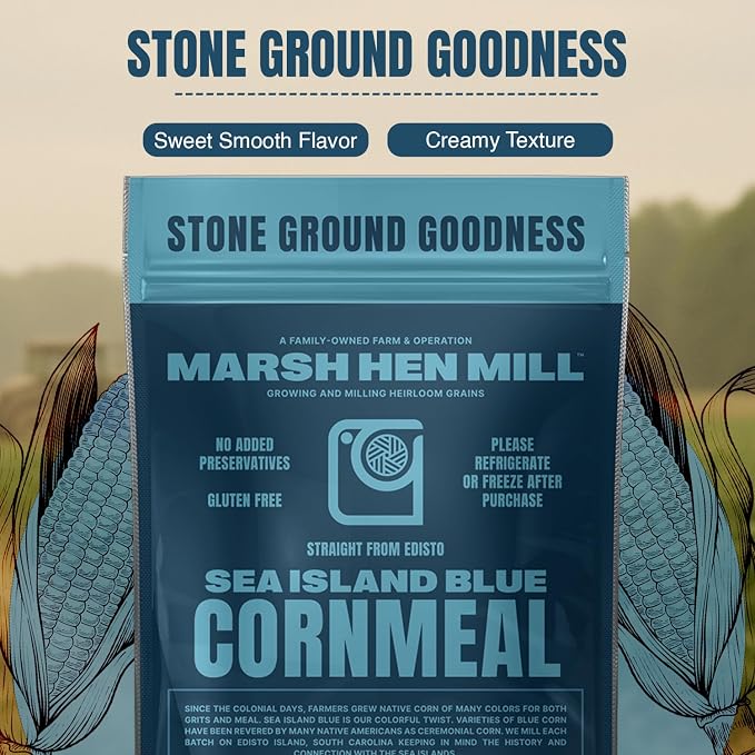 Marsh Hen Mill Sea Island Blue Cornmeal | Corn with Floral Aroma | Perfect Stone Ground Cornmeal for Corn Bread | Traditional Blue Corn Flour | 100% Natural & Gluten Free, 24 oz (Pack of 1)
