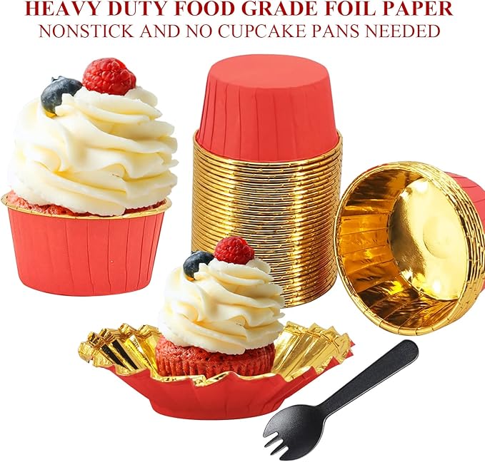Large Cupcake Liners Baking Cups 50 Pack,LNYZQUS 5oz Foil Muffin Cups Muffin Tins,Disposable Ramekins Tins with Lids and Spoons,Cupcake Wrappers Holders for Wedding Bakery-Red in gold
