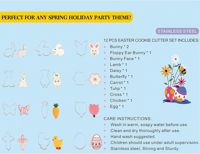 Easter Cookie Cutter Set, 12 Pieces Easter Bunny, Egg, Bunny Face, Lamb, Butterfly, Carrot, Chicken etc. Shapes, Metal Biscuit Molds for Spring/Holiday Baking