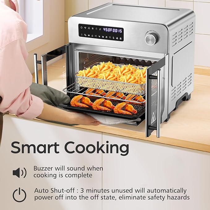 OSTBA French Door Air Fryer Toaster Oven Combo, 24QT 10-in-1 Oven | 10-in-1 Cooking, 1700W Power, Adjustable Fan Speed, Rotisserie Function, 102-Recipe Book, 6 Accessories