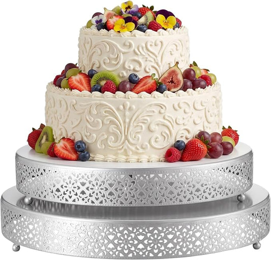 Wenqik 2 Pack Cake Stand Set, 14/16 Inch Metal Round Dessert Cupcake Stand Elegant Cake Decorative Display for Weddings Party Birthday Anniversary, Classic Floral, Silver