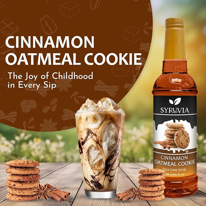 Syruvia Coffee Syrup, Cinnamon Oatmeal Cookie Flavored Syrup for Drinks, Lattes, and Desserts – 25.4 fl oz - with Pump