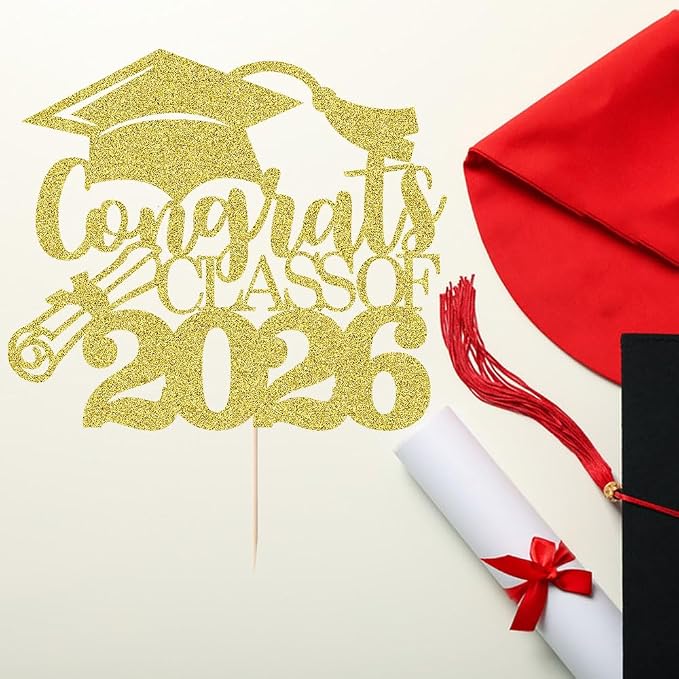 Congrats Class Of 2026 Cake Topper, Glitter Graduation Party Supplies - High School College Graduates -College Graduate Cake Topper Decorations Supplies (gold)