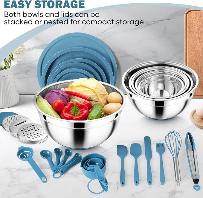 E-far 25PCS Mixing Bowls with Lid Set, Stainless Steel Nesting Prep Bowls with Grater Attachments Non-Slip Bottoms for Cooking, Baking, Serving, Food Storage, 4.6/2.6/2/1.5/1/0.7QT - Blue