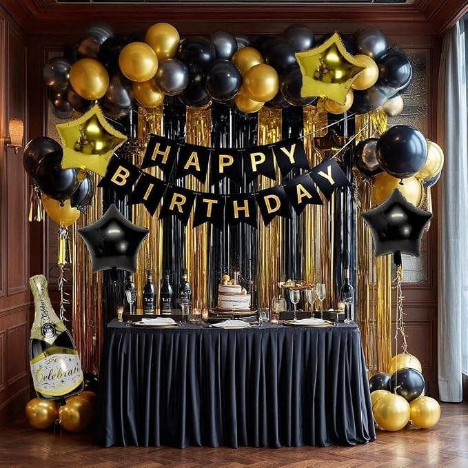 Black Gold Birthday Party Balloon Kit,Happy Birthday Banner Fringe Curtains Gold Black Star Wine Bottle Foil Balloon Garland for Men Women Party Decorations