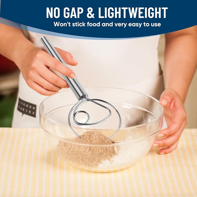 Danish Dough Whisk Stainless Steel Wooden Handle for Sourdough Bread Pizza and Pastry Making