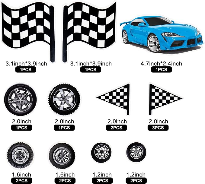 Ercadio 42Pcs Blue Racing Car Birthday Cake Toppers Wheel Checkered Flag Cupcake Toppers Silver Blue Balls Cake Decorations for Kids Racing Birthday Cake Decoration Race Car Party Supplies