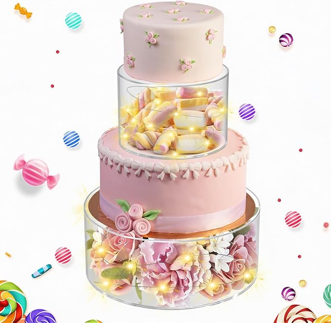 SAMYUCHO Acrylic Cake Stand with Led Lights, 2 PCS Round Cake Riser | 6"Dx4"H 10"Dx4"H, Tight Lid Design, DIY Decoration, Reusable Clear Display Cake Tier, For Party Wedding Holiday