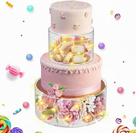 SAMYUCHO Acrylic Cake Stand with Led Lights, 2 PCS Round Cake Riser | 6"Dx4"H 10"Dx4"H, Tight Lid Design, DIY Decoration, Reusable Clear Display Cake Tier, For Party Wedding Holiday