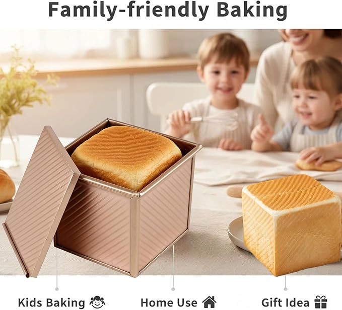 Mini Pullman Loaf Pan with Lid 2-Pack, 4 Inch Square Bread Pan Set of 2, Non-Stick Carbon Steel Baking Pans for Small Batch Homemade Bread