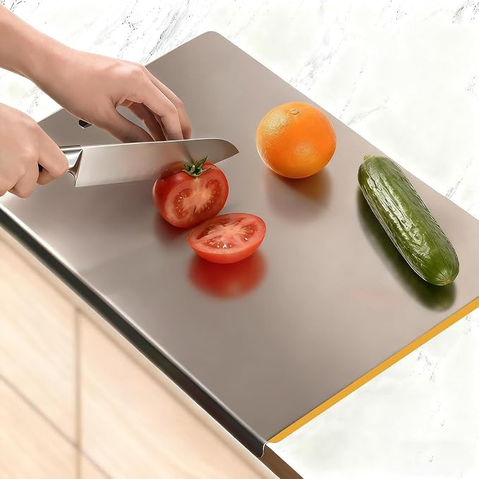 Large Stainless Steel Cutting Board with Lip for Kitchen, Chopping Boards with Orange Non-slip Mat, Cutting Board with Counter Lip for Meat, Fruits, Vegetables, Bread,Dough(15.7" × 11.8")